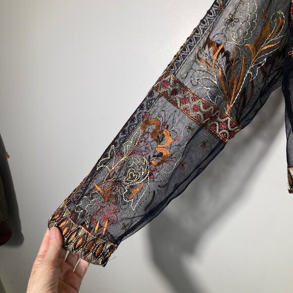 Womens Chicos Sheer Embroidered Mesh Open Cardigan Black Rust Gold L - Picture 5 of 8